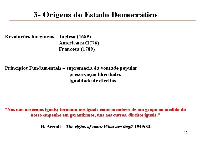 3 - Origens do Estado Democrático Revoluções burguesas – Inglesa (1689) Americana (1776) Francesa