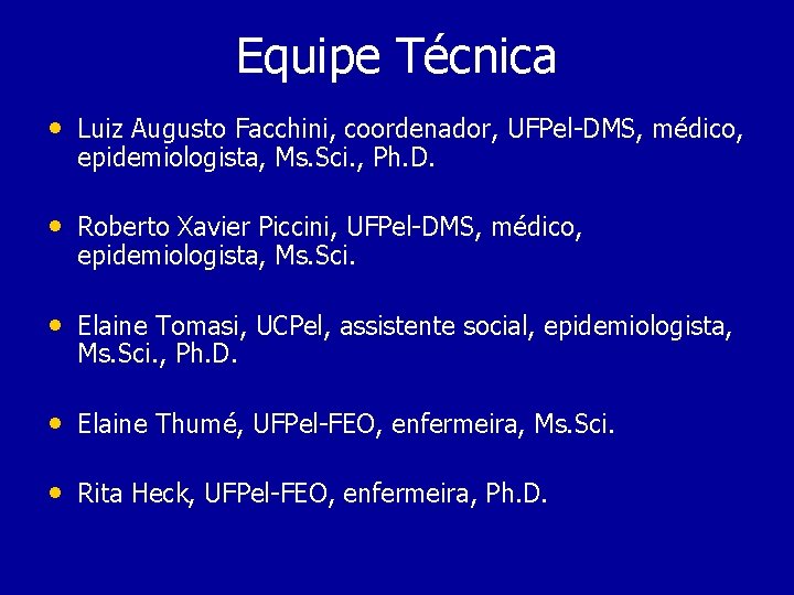 Equipe Técnica • Luiz Augusto Facchini, coordenador, UFPel-DMS, médico, epidemiologista, Ms. Sci. , Ph.