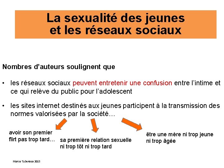 La sexualité des jeunes et les réseaux sociaux Nombres d’auteurs soulignent que • les