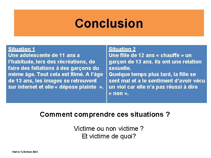 Conclusion Situation 1 Une adolescente de 11 ans a l’habitude, lors des récréations, de