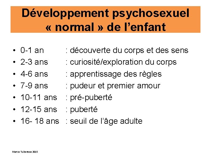 Développement psychosexuel « normal » de l’enfant • • 0 -1 an 2 -3