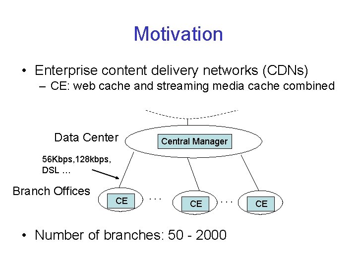 Motivation • Enterprise content delivery networks (CDNs) – CE: web cache and streaming media