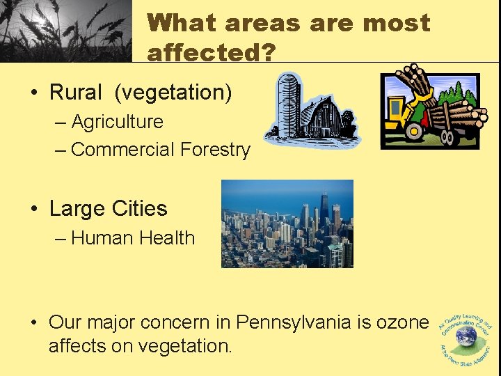 What areas are most affected? • Rural (vegetation) – Agriculture – Commercial Forestry • What areas are most affected? • Rural (vegetation) – Agriculture – Commercial Forestry •