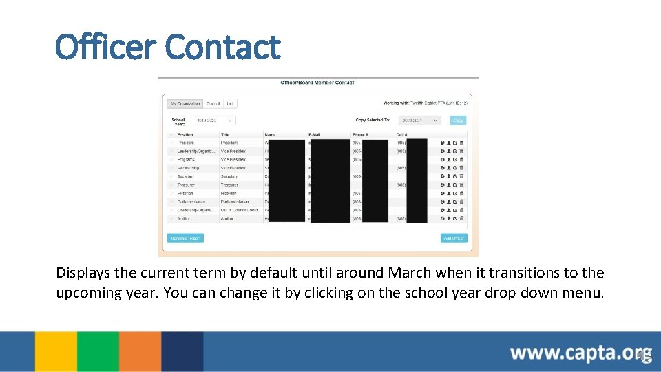 Officer Contact Displays the current term by default until around March when it transitions