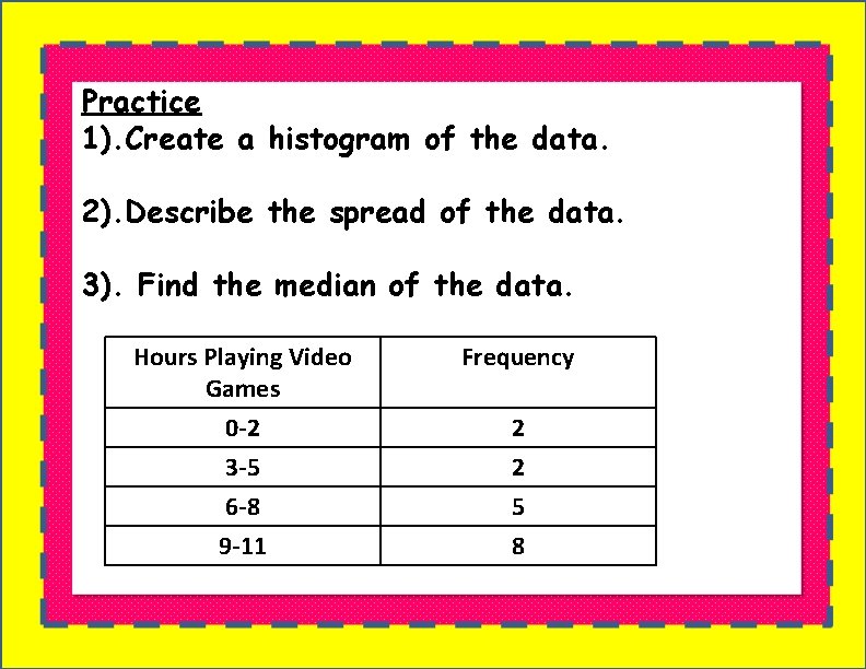 Practice 1). Create a histogram of the data. 2). Describe the spread of the