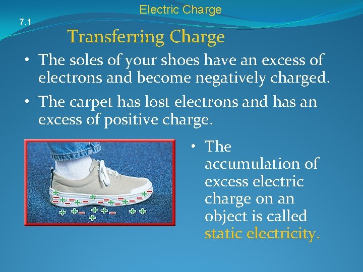 Electric Charge 7. 1 Transferring Charge • The soles of your shoes have an