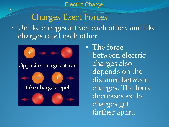 Electric Charge 7. 1 Charges Exert Forces • Unlike charges attract each other, and