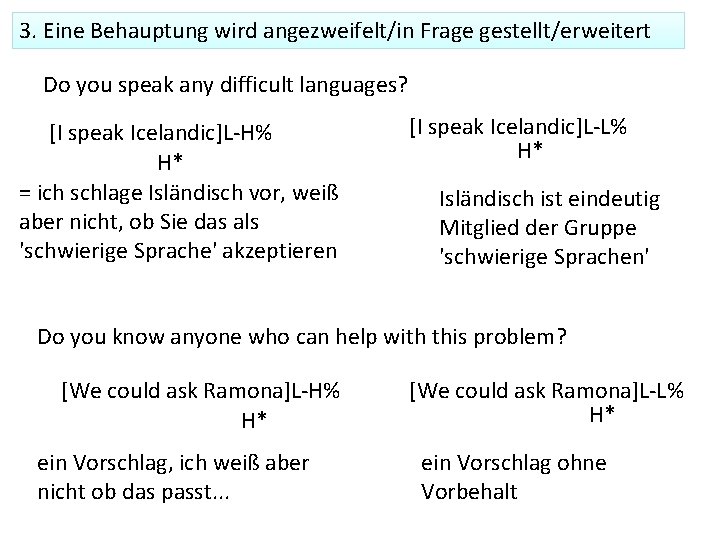 3. Eine Behauptung wird angezweifelt/in Frage gestellt/erweitert Do you speak any difficult languages? [I