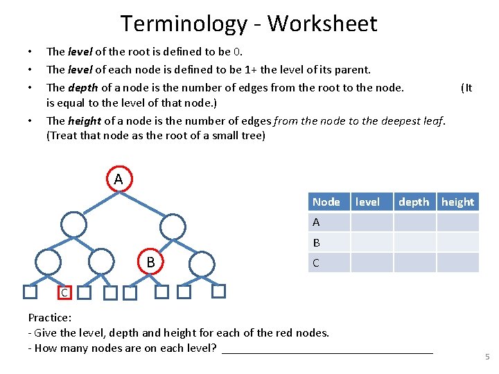 Terminology - Worksheet • • The level of the root is defined to be