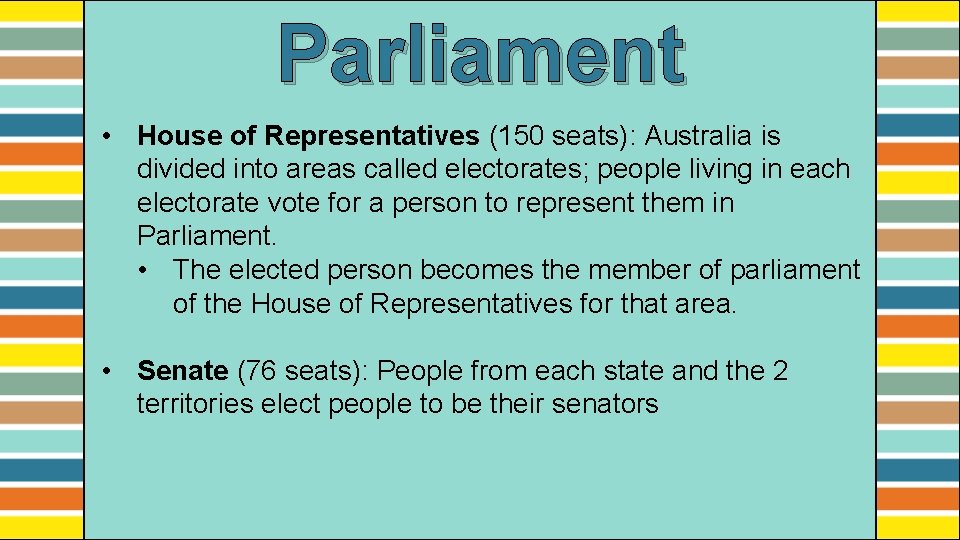 Parliament • House of Representatives (150 seats): Australia is divided into areas called electorates;