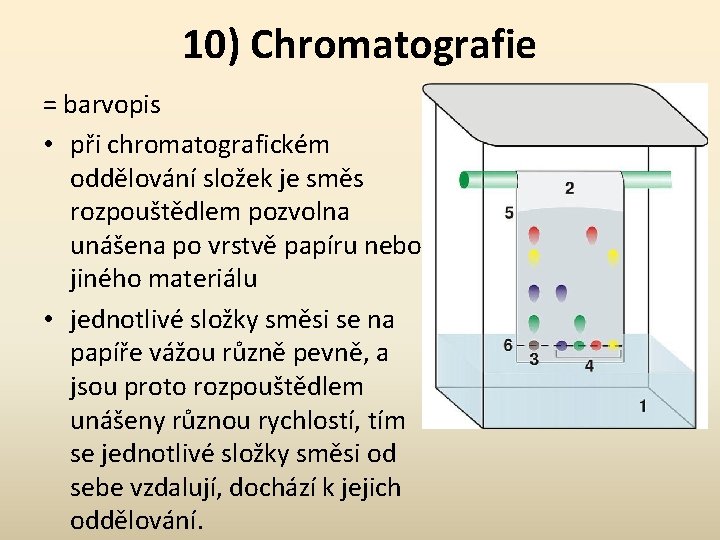 10) Chromatografie = barvopis • při chromatografickém oddělování složek je směs rozpouštědlem pozvolna unášena