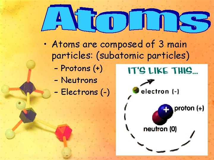  • Atoms are composed of 3 main particles: (subatomic particles) – Protons (+)