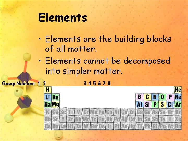 Elements • Elements are the building blocks of all matter. • Elements cannot be