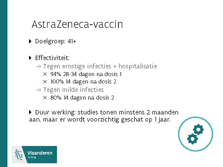 Astra. Zeneca-vaccin Doelgroep: 41+ Effectiviteit: Tegen ernstige infecties + hospitalisatie 94% 28 -34 dagen