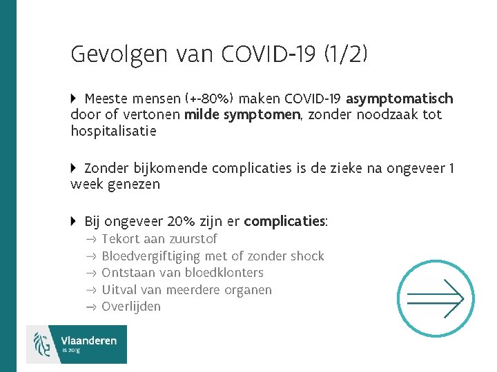 Gevolgen van COVID-19 (1/2) Meeste mensen (+-80%) maken COVID-19 asymptomatisch door of vertonen milde
