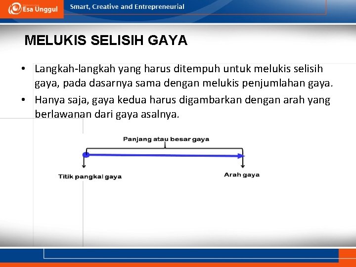 MELUKIS SELISIH GAYA • Langkah-langkah yang harus ditempuh untuk melukis selisih gaya, pada dasarnya