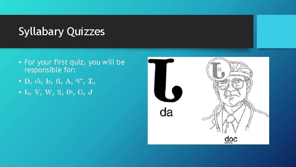 Syllabary Quizzes • For your first quiz, you will be responsible for: • Ꭰ,