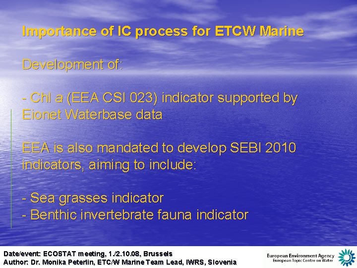 Importance of IC process for ETCW Marine Development of: - Chl a (EEA CSI