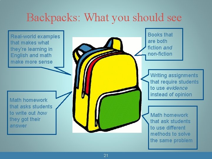 Backpacks: What you should see Books that are both fiction and non-fiction Real-world examples