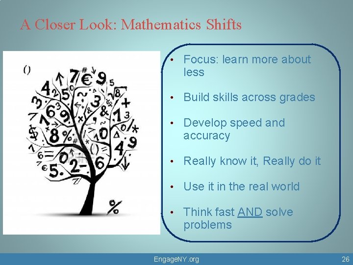 A Closer Look: Mathematics Shifts • Focus: learn more about less • Build skills