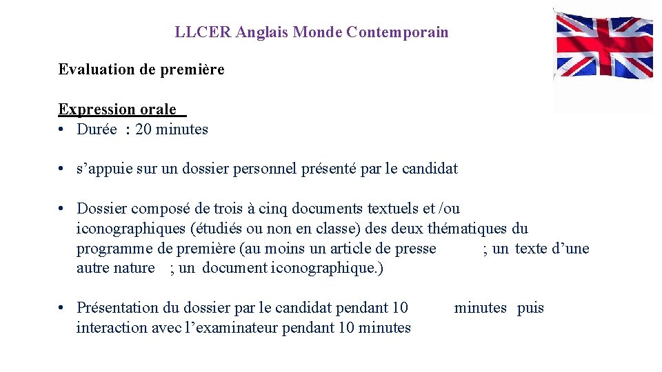 LLCER Anglais Monde Contemporain Evaluation de première Expression orale • Durée : 20 minutes