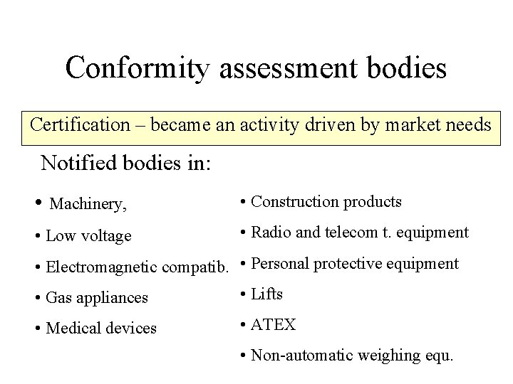 Conformity assessment bodies Certification – became an activity driven by market needs Notified bodies