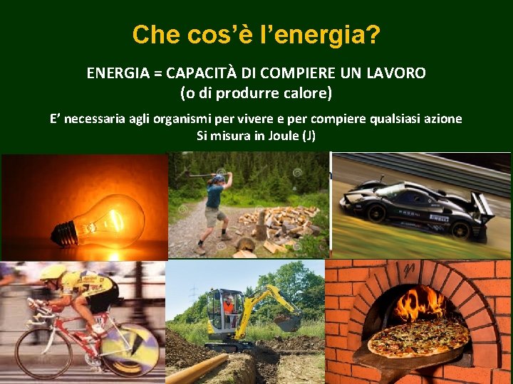 Che cos’è l’energia? ENERGIA = CAPACITÀ DI COMPIERE UN LAVORO (o di produrre calore)