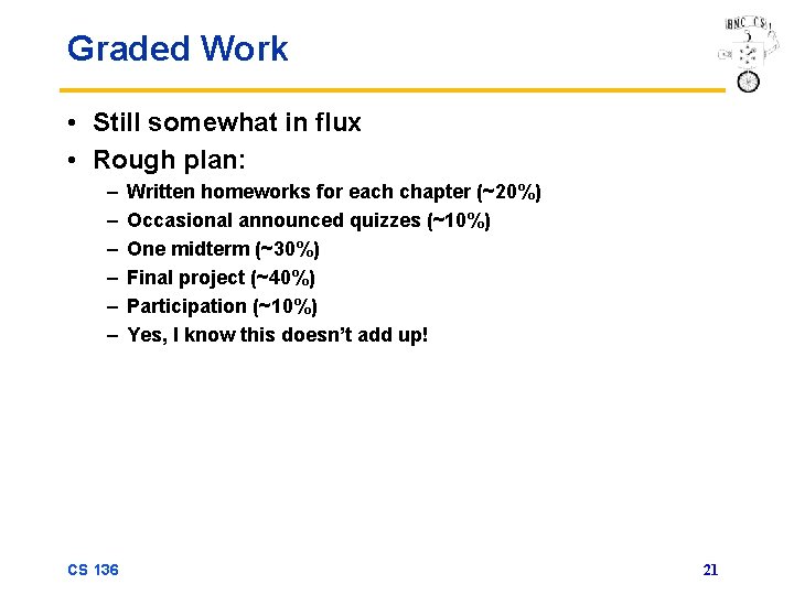 Graded Work • Still somewhat in flux • Rough plan: – – – CS