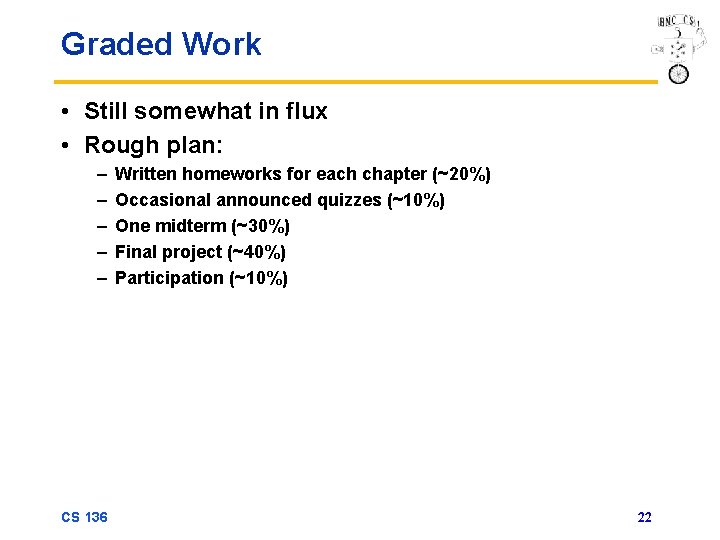 Graded Work • Still somewhat in flux • Rough plan: – – – CS