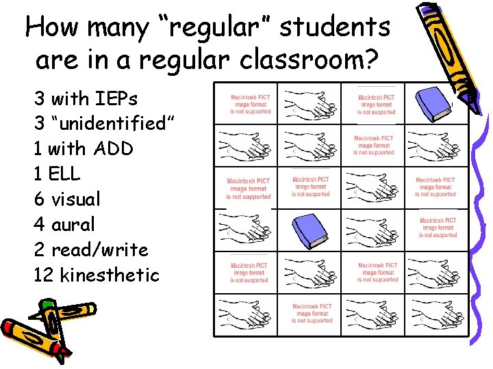 How many “regular” students are in a regular classroom? 3 with IEPs 3 “unidentified”