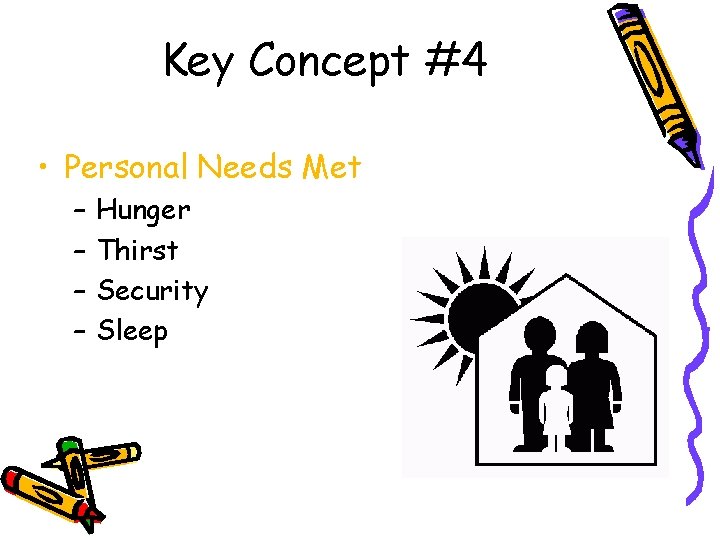 Key Concept #4 • Personal Needs Met – – Hunger Thirst Security Sleep 