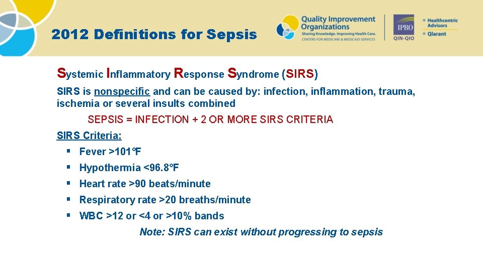 2012 Definitions for Sepsis Systemic Inflammatory Response Syndrome (SIRS) SIRS is nonspecific and can