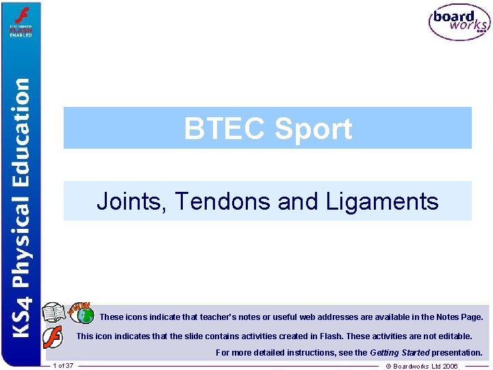 BTEC Sport Joints, Tendons and Ligaments These icons indicate that teacher’s notes or useful