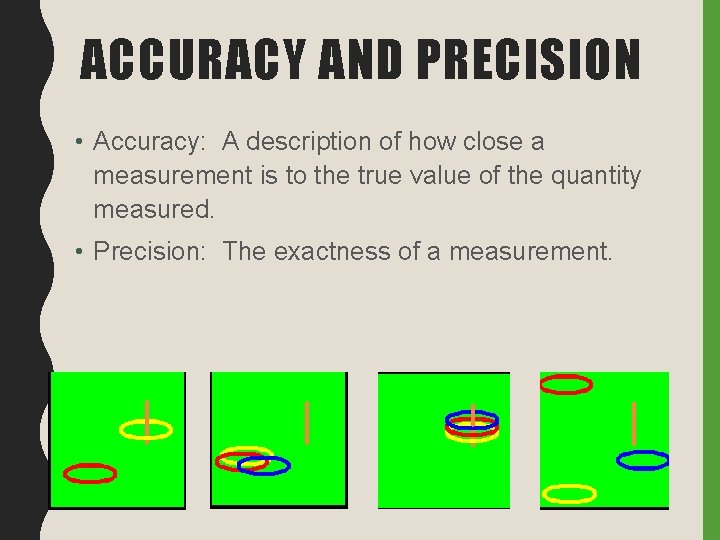 ACCURACY AND PRECISION • Accuracy: A description of how close a measurement is to