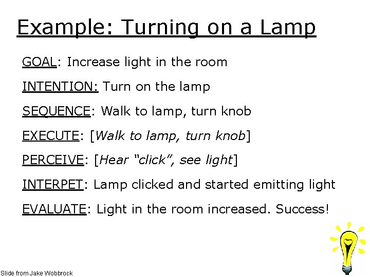 Example: Turning on a Lamp GOAL: Increase light in the room INTENTION: Turn on