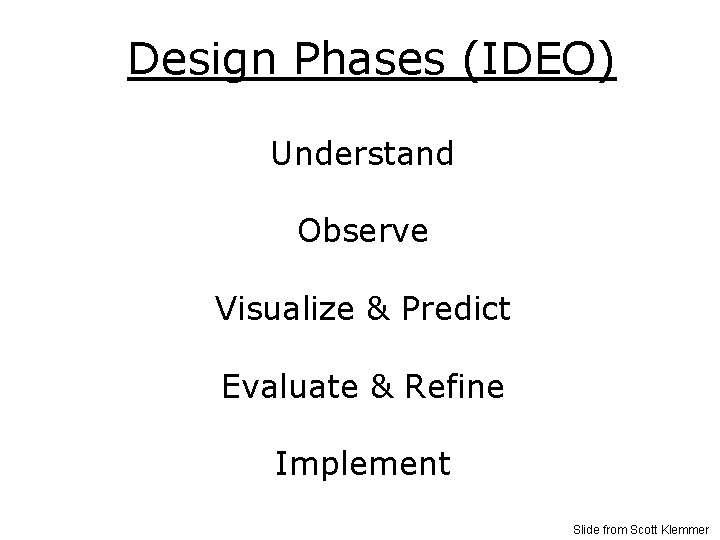 Design Phases (IDEO) Understand Observe Visualize & Predict Evaluate & Refine Implement Slide from
