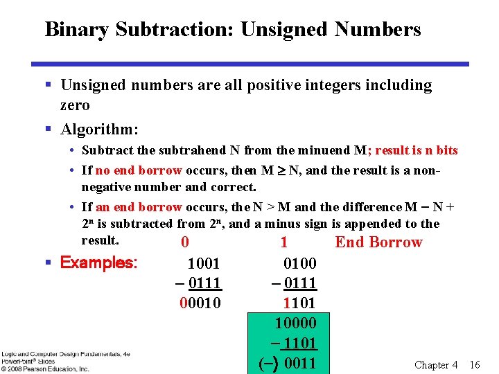 Binary Subtraction: Unsigned Numbers § Unsigned numbers are all positive integers including zero §