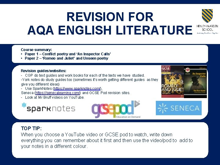 REVISION FOR AQA ENGLISH LITERATURE Course summary: • Paper 1 – Conflict poetry and