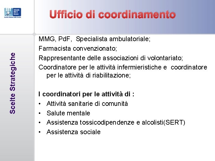 Scelte Strategiche Ufficio di coordinamento MMG, Pd. F, Specialista ambulatoriale; Farmacista convenzionato; Rappresentante delle