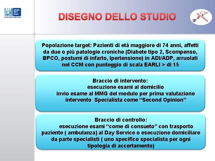 DISEGNO DELLO STUDIO Popolazione target: Pazienti di età maggiore di 74 anni, affetti da