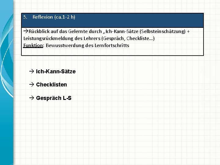 5. Reflexion (ca. 1 -2 h) Rückblick auf das Gelernte durch „Ich-Kann-Sätze (Selbsteinschätzung) +