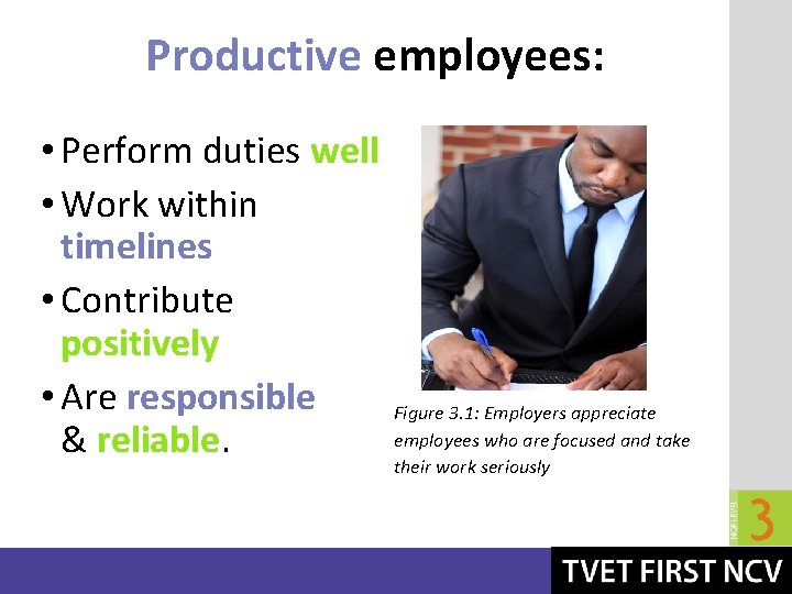 Productive employees: • Perform duties well • Work within timelines • Contribute positively •