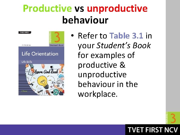 Productive vs unproductive behaviour • Refer to Table 3. 1 in your Student’s Book