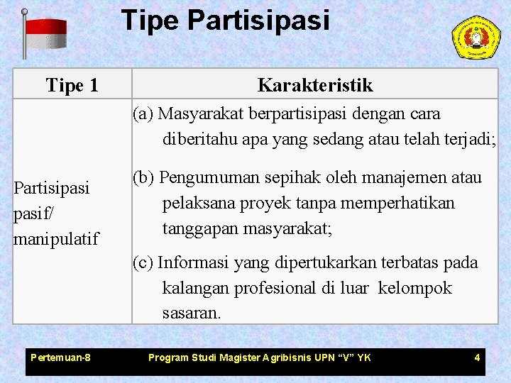 Tipe Partisipasi Tipe 1 Karakteristik (a) Masyarakat berpartisipasi dengan cara diberitahu apa yang sedang