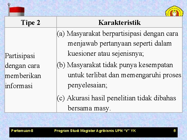 Tipe 2 Partisipasi dengan cara memberikan informasi Karakteristik (a) Masyarakat berpartisipasi dengan cara menjawab