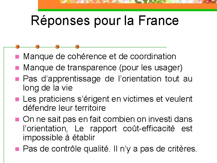 Réponses pour la France n n n Manque de cohérence et de coordination Manque