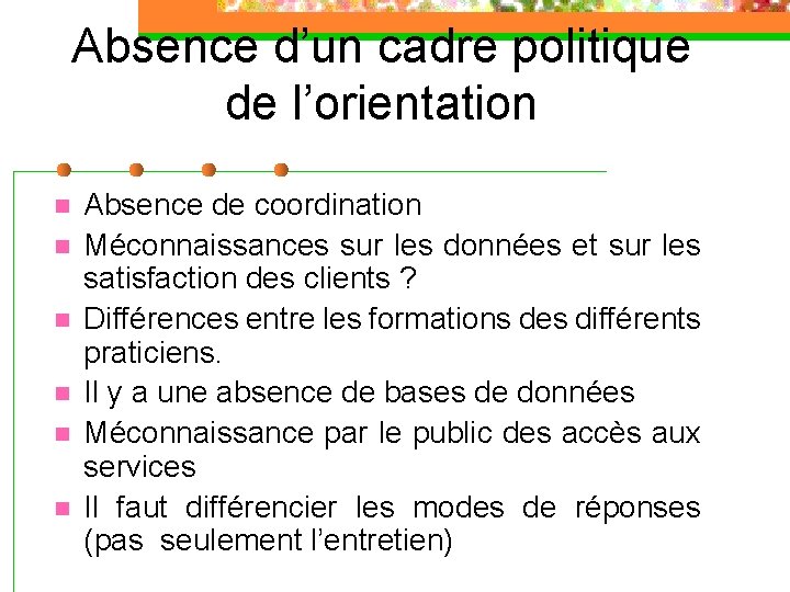 Absence d’un cadre politique de l’orientation n n n Absence de coordination Méconnaissances sur