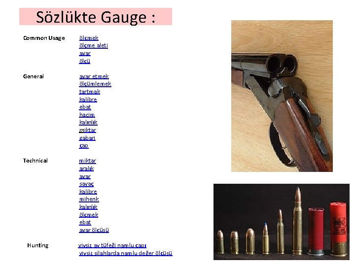 Sözlükte Gauge : Common Usage ölçmek ölçme aleti ayar ölçü General ayar etmek ölçümlemek