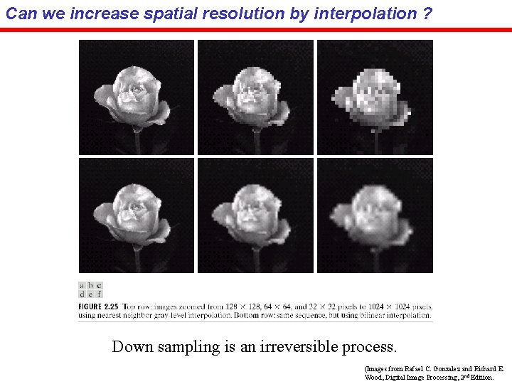 Can we increase spatial resolution by interpolation ? Down sampling is an irreversible process.