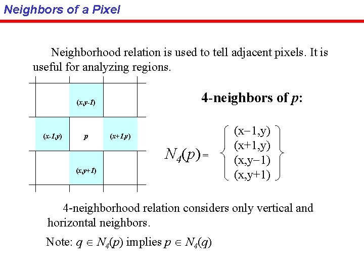 Neighbors of a Pixel Neighborhood relation is used to tell adjacent pixels. It is